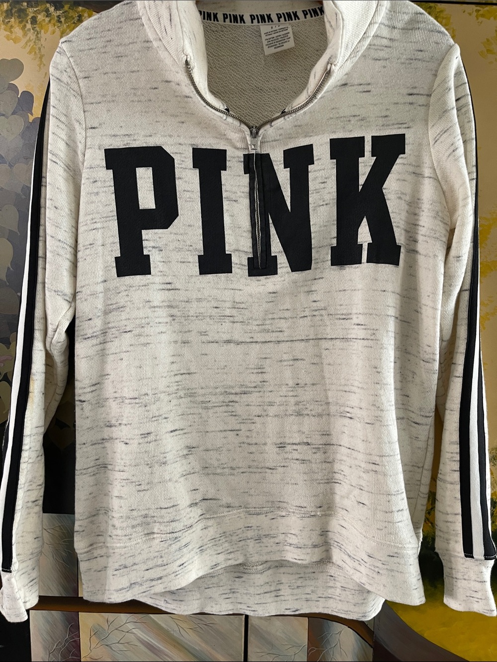 PINK Victoria's Secret Heathered White Quarter-Zip Sweater with Black Logo